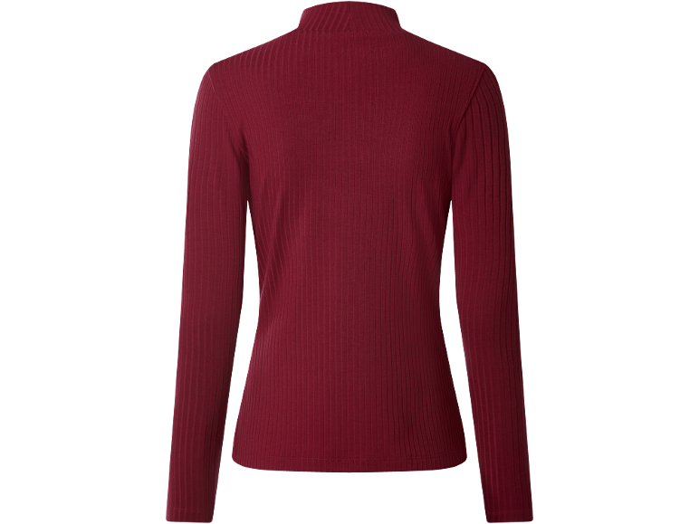 Burgundy women's long-sleeved high-neck blouse, with ribbed fabric.