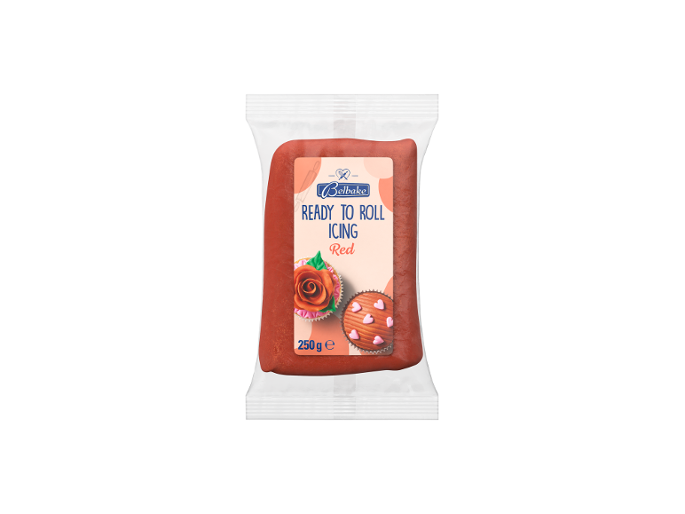 Red ready-to-roll icing in packaging, with images of decorated cupcakes.