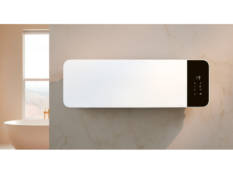 White wall-mounted heater with digital display in a modern bathroom with a bathtub.
