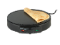 Black electric crepe maker with a golden crepe on top, featuring indicator lights and a control dial.