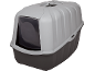 Light grey and dark grey covered cat litter box with a transparent swing door.