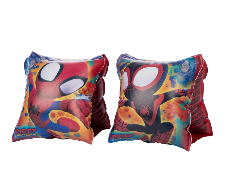 Children's swimming armbands with superhero design, one red and one black.