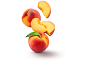 Whole and sliced peaches, with a green leaf, on a white background.