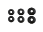 Six black rubber rings of varying sizes on a black background.
