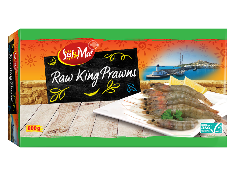 Packaging of raw king prawns, with a Mediterranean theme and text 'Raw King Prawns'.