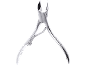 Silver nail nippers with a spring and textured handle.