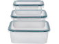 Stacked clear food storage containers with blue sealed lids.