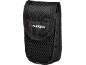 Black textile pouch with a mesh pocket and white lettering on the flap.