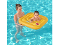 Mother and baby in yellow pool float, smiling in the pool water.