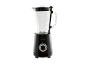 Black blender with a glass jug, lid, and handle, featuring measurement markings.