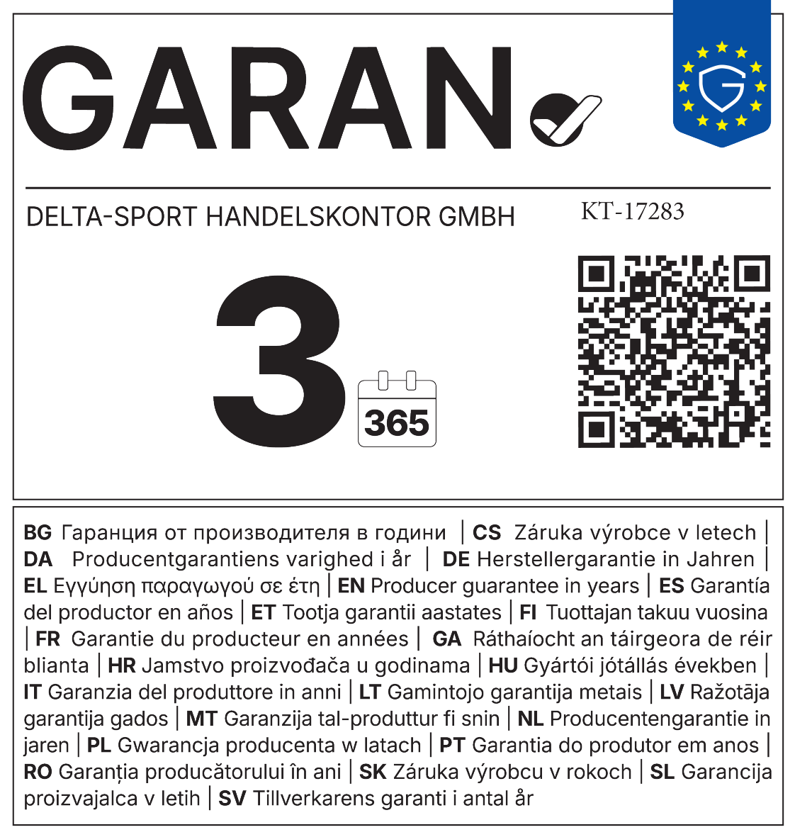 Warranty seal: 3 years manufacturer's guarantee, 365 days.
