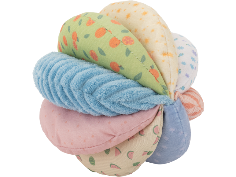Soft, multi-colored baby activity ball with fruit and star patterns.