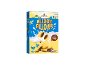 Box of milk chocolate flavoured cereal pillows with milk splash and chocolate pieces.