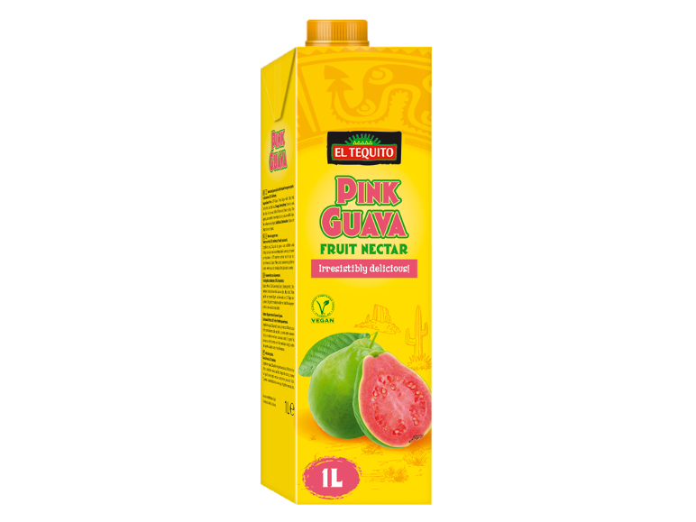Yellow carton of pink guava fruit nectar, labeled 'Irresistibly delicious!' and a 'VEGAN' logo.