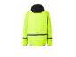Yellow safety jacket with black hood and reflective details.