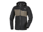 Black and khaki softshell jacket with zipper and hood.