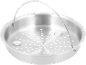 Metal steaming basket with handles, featuring holes for steaming.