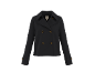 Black women's short double-breasted jacket with brown buttons.