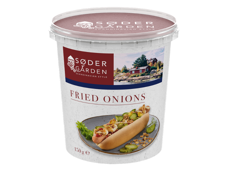 Container of fried onions with a hot dog, Scandinavian style.