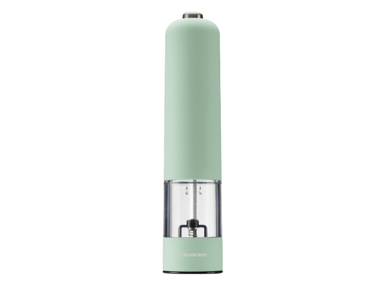 Mint-colored electric salt or pepper grinder with a transparent section.