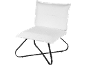 White bouclé upholstered chair with a black metal frame.