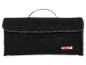 Black felt storage bag with a handle and red text.