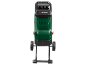 Green garden shredder with a logo and wheels