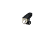 Black bicycle light with a glowing front light and a button on top.