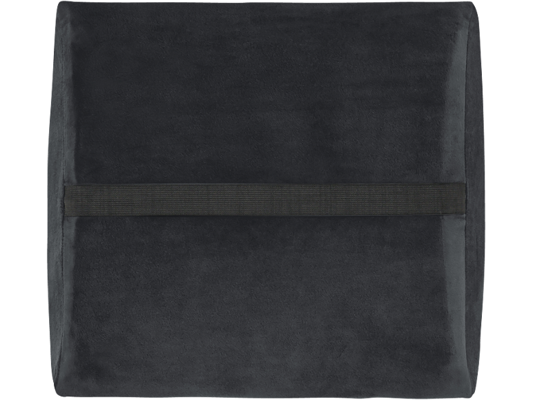 Black lumbar support cushion with an elastic strap.