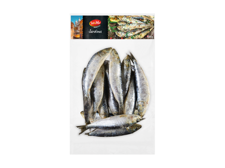 Fresh sardines in a package, with a Lisbon tram and grilled sardines on the label.