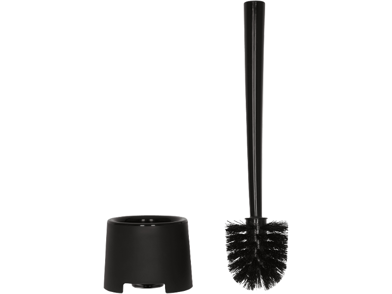 Black toilet brush with a matching holder.