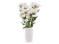 Bouquet of white chrysanthemums in a white vase on a black background.