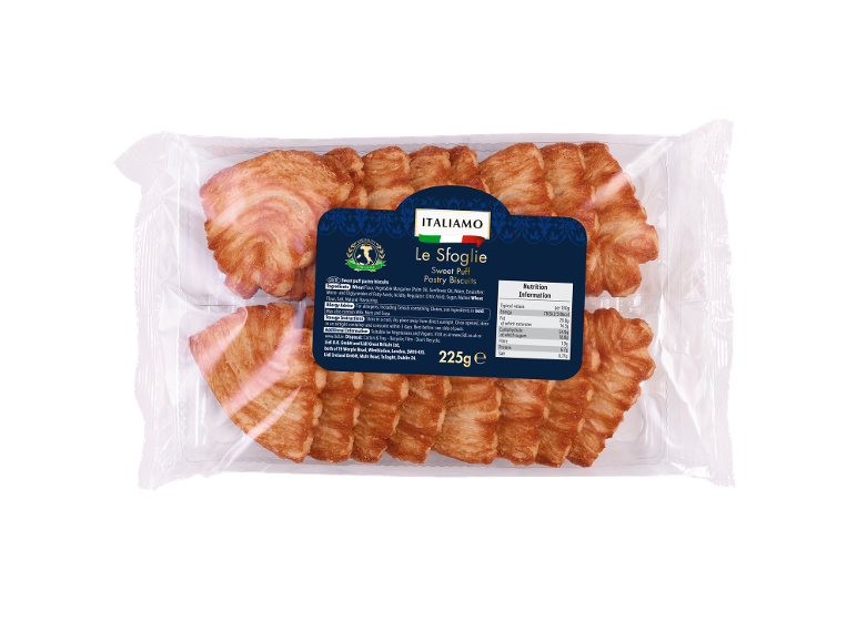 Sweet puff pastry biscuits in clear packaging with a blue label showing product details.
