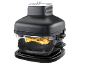 Black air fryer with a transparent bowl full of golden french fries.