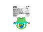 Green baby rattle with colorful balls inside and product information on the packaging.