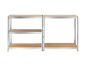 Metal shelving unit with three wooden shelves on a black background.