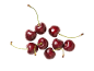 Fresh, dark red cherries with stems, covered in small water droplets.