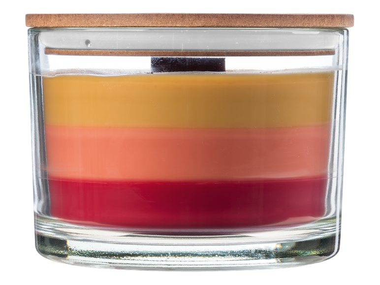 Layered candle in a glass jar with a wooden lid, featuring yellow, orange, and red wax.
