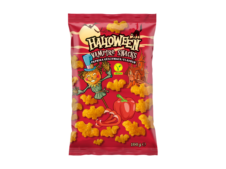 Red package of Halloween vampire snacks, paprika flavour and vegan.