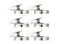 Six silver magnetic paper clips on a black background.