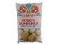 Frozen potato dumplings with pork and beef, packaging with a folk pattern.