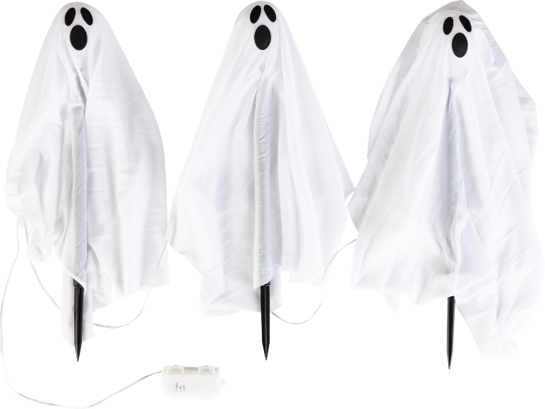 Three light-up Halloween ghosts with ground stakes and a control box.