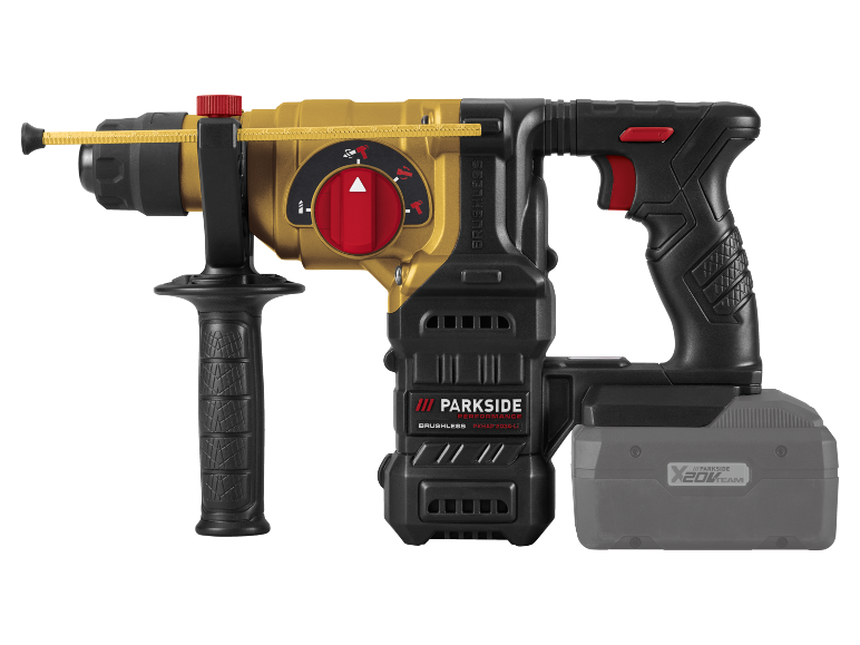 Cordless rotary hammer with auxiliary handle and depth stop