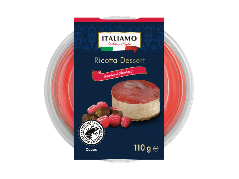 Ricotta dessert with gianduja and raspberry, 110 g.