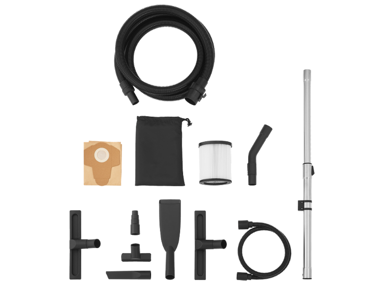 Vacuum cleaner accessories: hose, bags, filter, brushes, and extension.