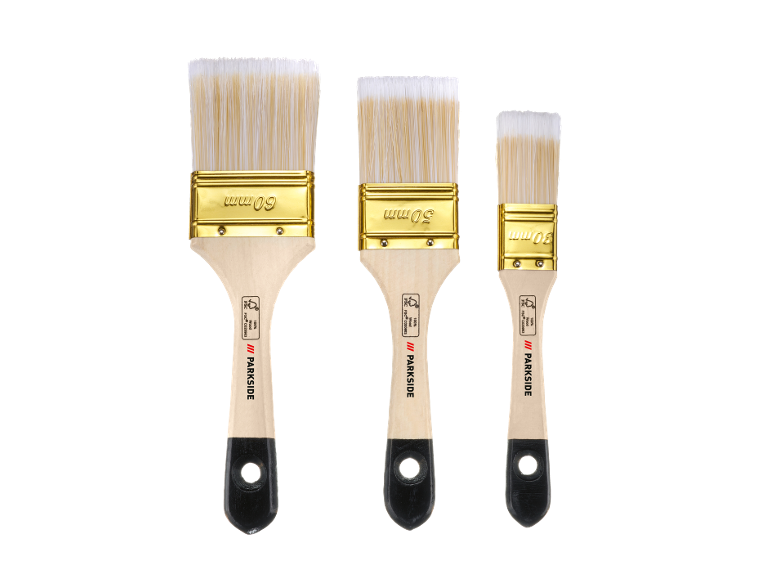 A set of three wooden paint brushes with sizes 60mm, 50mm, and 30mm.
