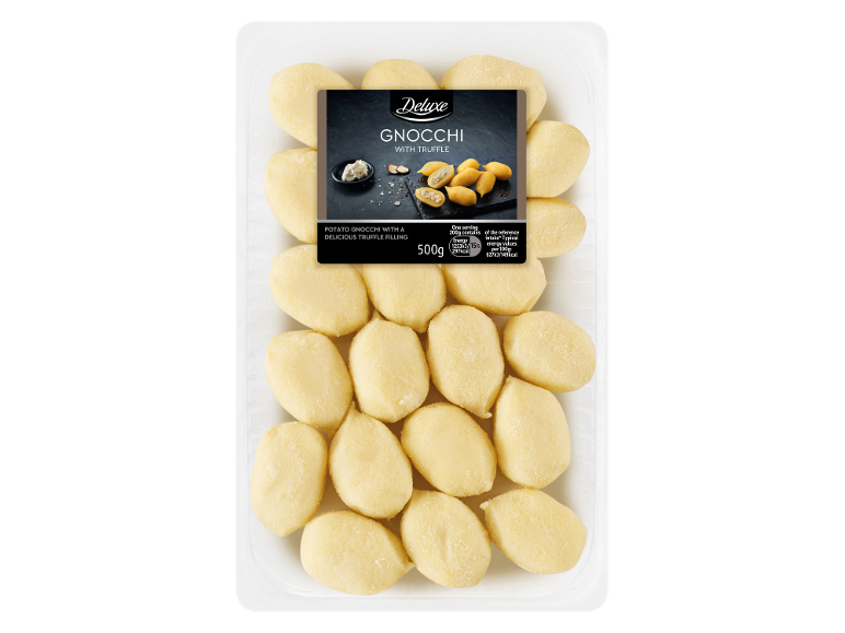 Potato gnocchi with truffle filling in a 500g package, showing nutritional information.