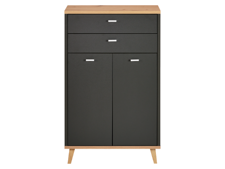Grey chest of drawers with two drawers, two doors, and a light wooden top.