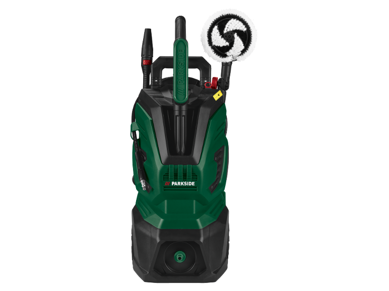Pressure washer with a brush attachment and a nozzle.