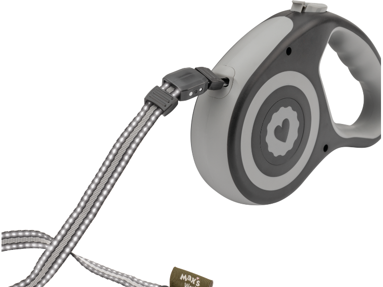 Grey retractable leash with LED light strip and heart motif